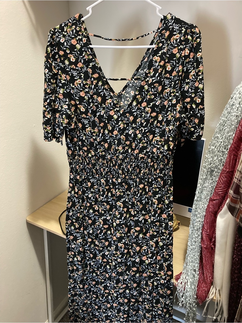 Black Floral V-Neck Smocked Midi Dress in Peach and Cream